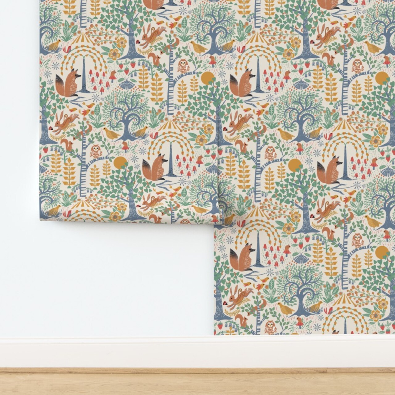 Woodland Block Print Fox Owl Rabbit Nature Trees Squirrels Birds Botanical Folk Art Scandi Bugs Mushrooms Flora Fauna Custom Removable Wallpaper by Spoonflower Peel & Stick Wallpaper 2FT Wide
